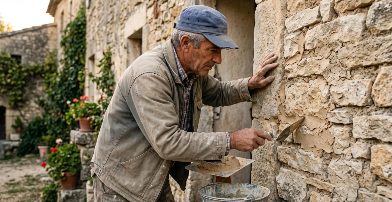 Artisan maçon travaillant sur la consolidation et le rejointoiement d'un mur en pierre ancienne