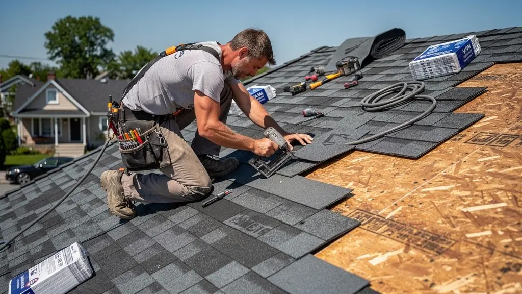 Couvreur professionnel installant des bardeaux d'asphalte sur le toit d'une maison résidentielle canadienne.