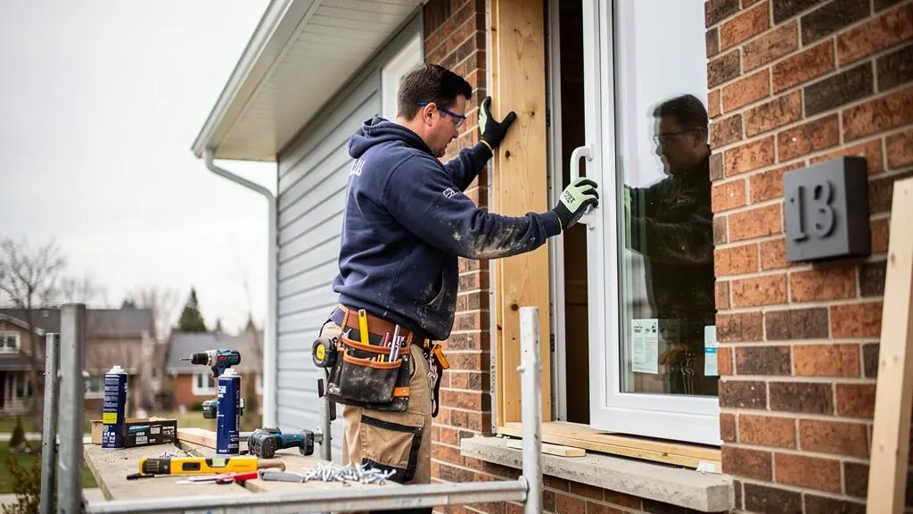 Entrepreneur professionnel installant une nouvelle fenêtre sur la façade d'une maison résidentielle canadienne.