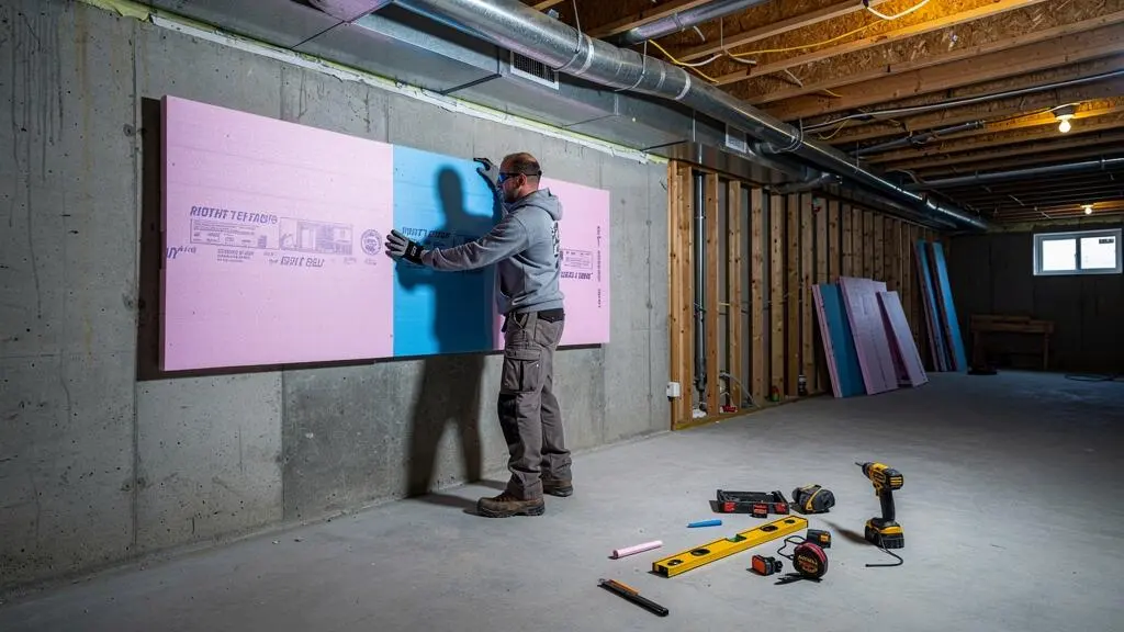 Entrepreneur installant des panneaux d'isolation rigide sur le mur de fondation d'un sous-sol résidentiel en aménagement.