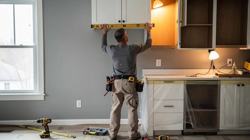 Installateur professionnel fixant une armoire de cuisine blanche au mur lors d'une rénovation résidentielle.