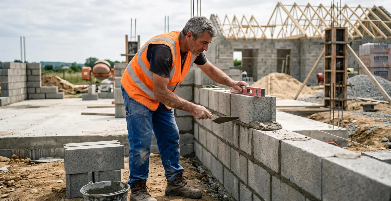 Maçon professionnel construisant un mur en parpaings sur un chantier de construction neuve
