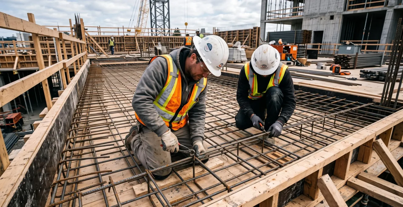 Ouvriers du BTP installant le ferraillage pour une dalle en béton armé sur un chantier de construction