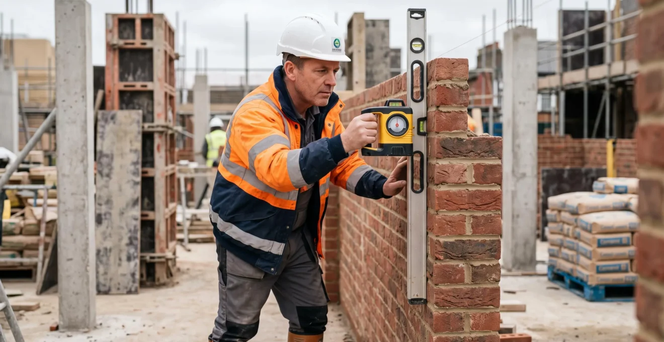 Professionnel du bâtiment vérifiant l'alignement d'un mur avec un niveau de précision sur un chantier