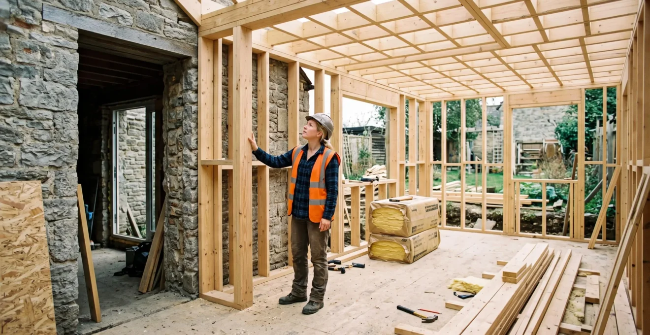 Une architecte en gilet de sécurité inspecte l'ossature bois d'un agrandissement en construction relié à la maison d'origine.