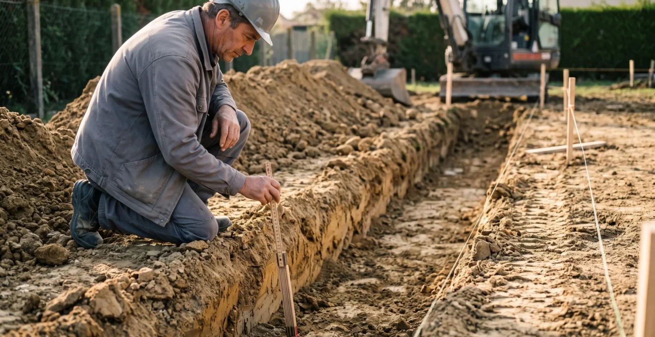Un conducteur de travaux kneeling vérifie la profondeur d'une fouille à l'aide d'une règle de mesure sur un chantier résidentiel.