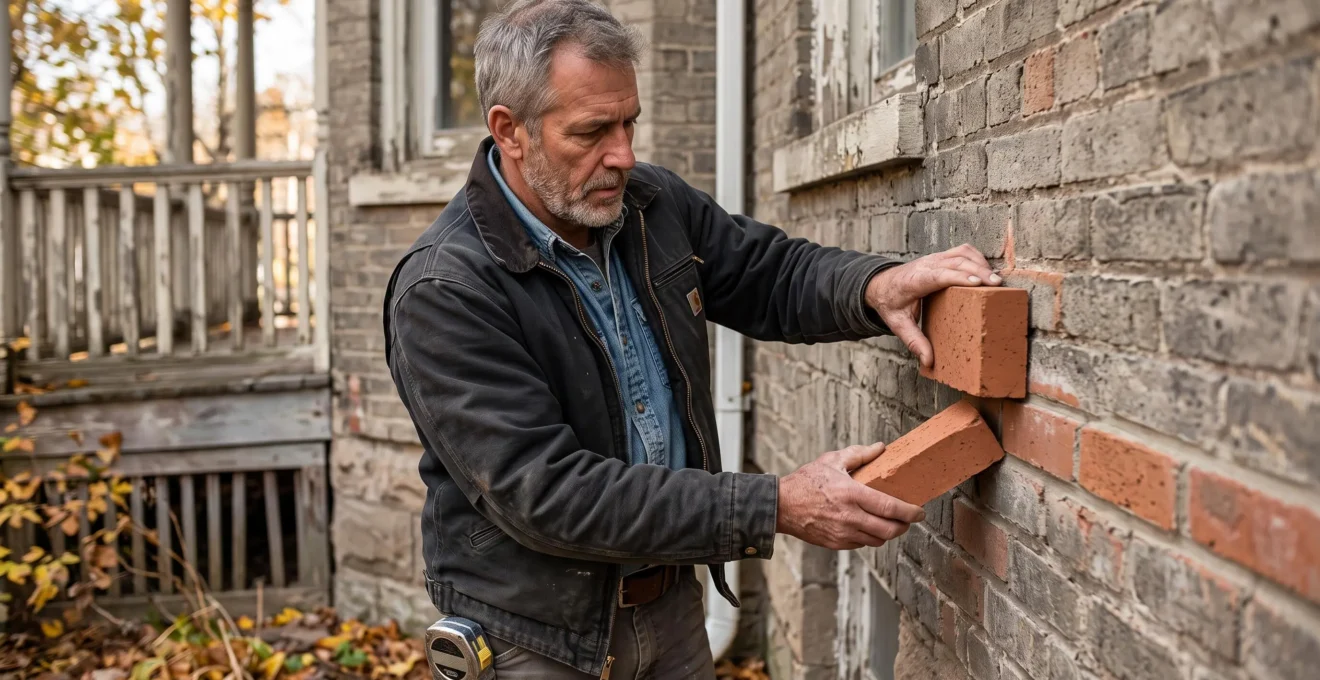 Un entrepreneur presse un échantillon de brique contre la maçonnerie d'origine d'une maison centenaire pour comparer la couleur et la texture.