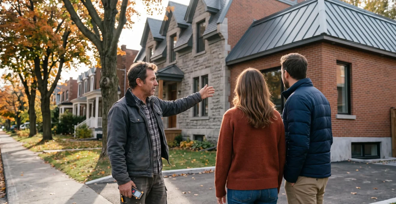 Un entrepreneur pointe la façade et la toiture d'une maison ancienne avec agrandissement en expliquant les détails à un couple de propriétaires.
