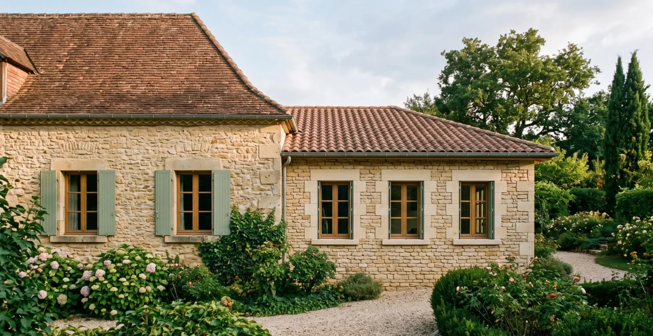 Lateral view of a house extension harmoniously integrated with a traditional French stone house.