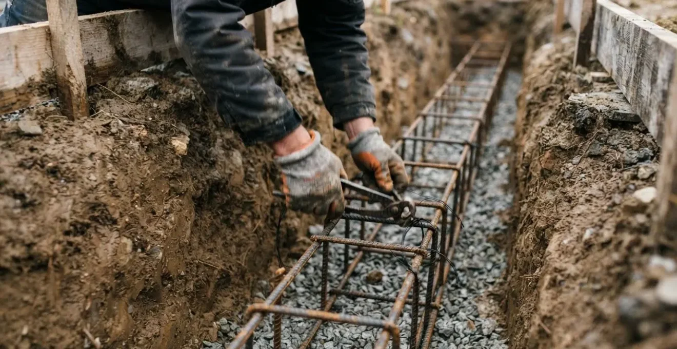 Grossièrement cadrées, des mains gantées ligaturent des armatures en acier au fond d'une fouille avant le coulage des fondations.