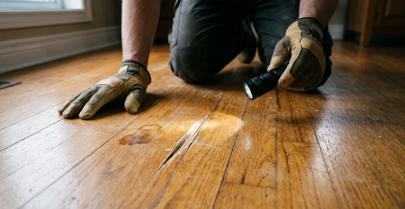 Une personne examine de près une rayure profonde et une trace d'eau sur un plancher de bois franc verni, éclairée par une lampe de poche.