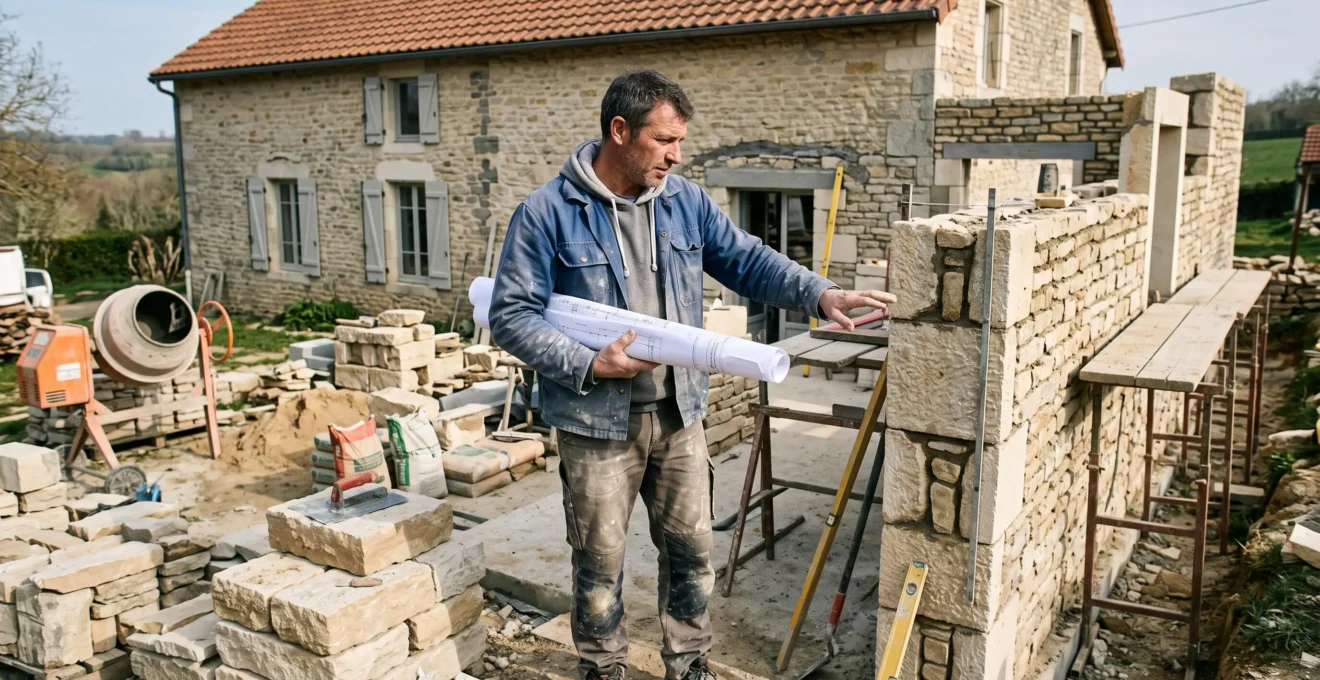 Mason consulting construction plans on site while verifying measurements for a house extension.
