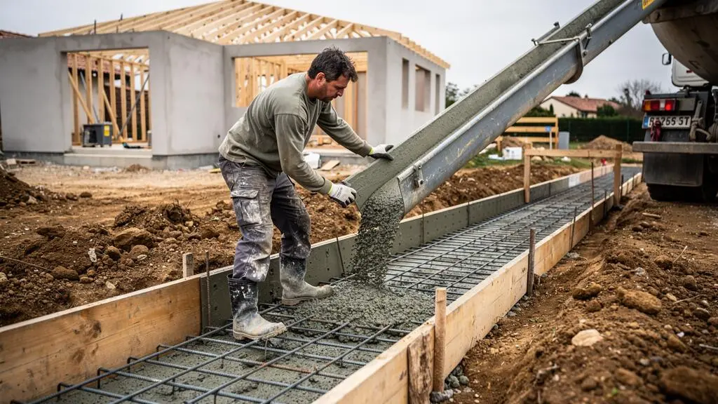 Un maçon guide la descente de béton d'une toupie pour couler des fondations dans une fouille armée sur un chantier de maison.