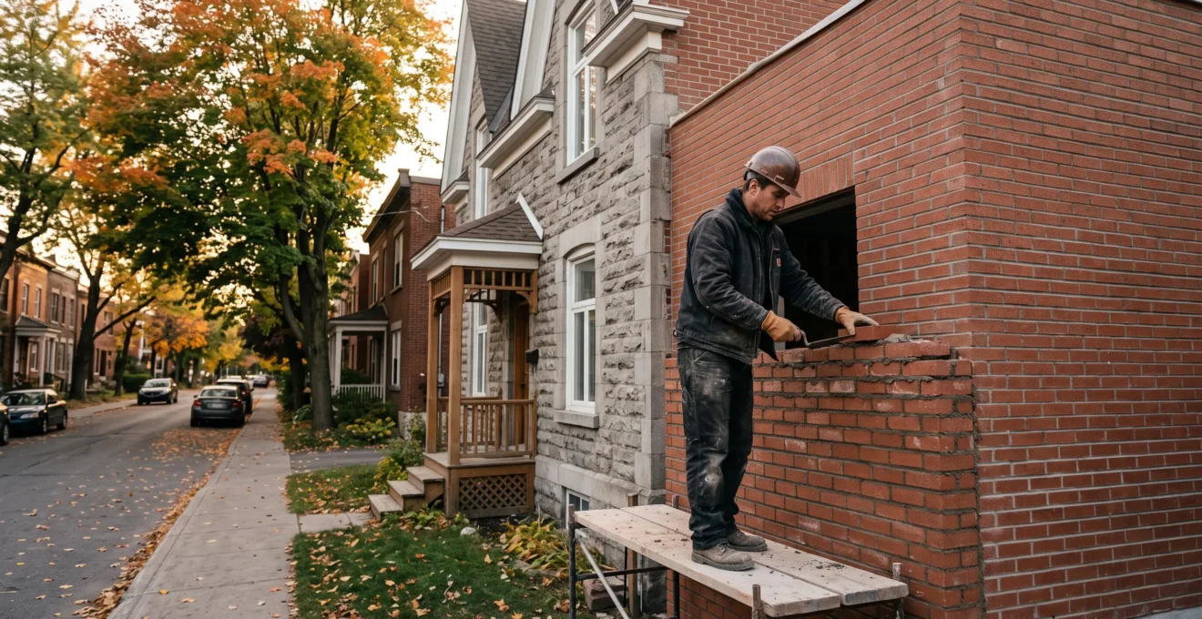 Un maçon pose des briques sur la façade d'un agrandissement de deux étages raccordé à une maison ancienne en pierre grise, dans une rue résidentielle arborée.