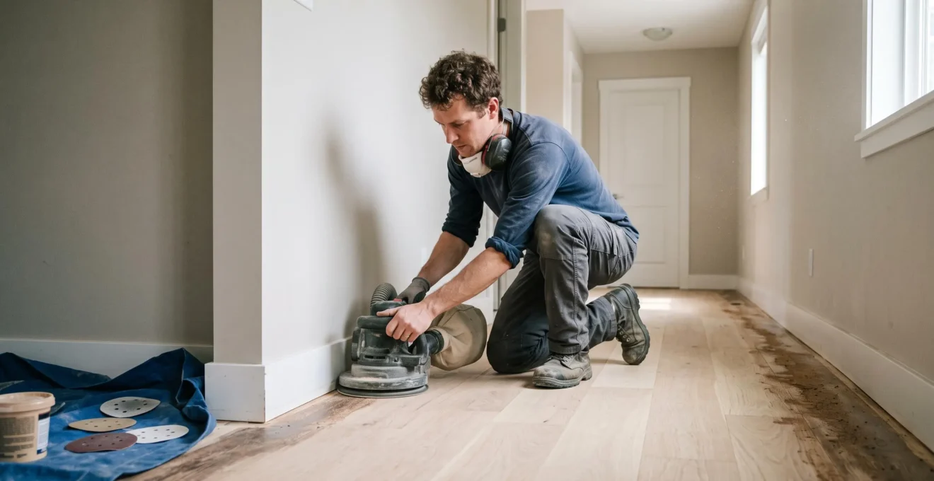 Un professionnel du plancher utilise une ponceuse de bord le long d'un mur, là où la ponceuse à tambour ne peut pas accéder.