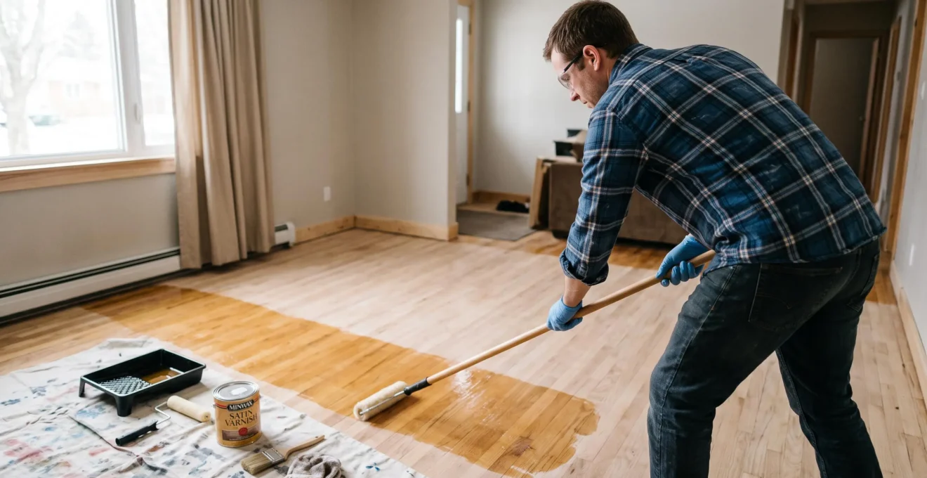 Un propriétaire applique une couche de vernis sur un plancher de bois franc poncé à l'aide d'un pad applicateur sur long manche.