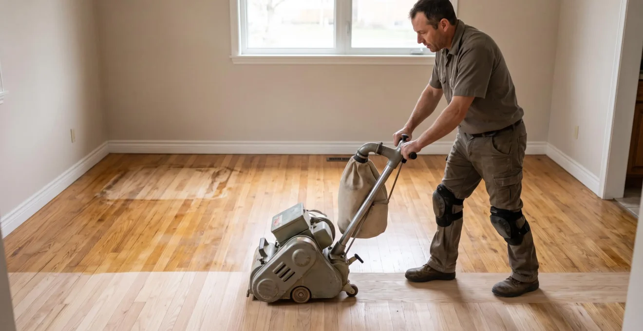 Un spécialiste sable un plancher de bois franc dans une salle de séjour résidentielle, la bande de bois brut fraîchement poncé contrastant avec l'ancien vernis.